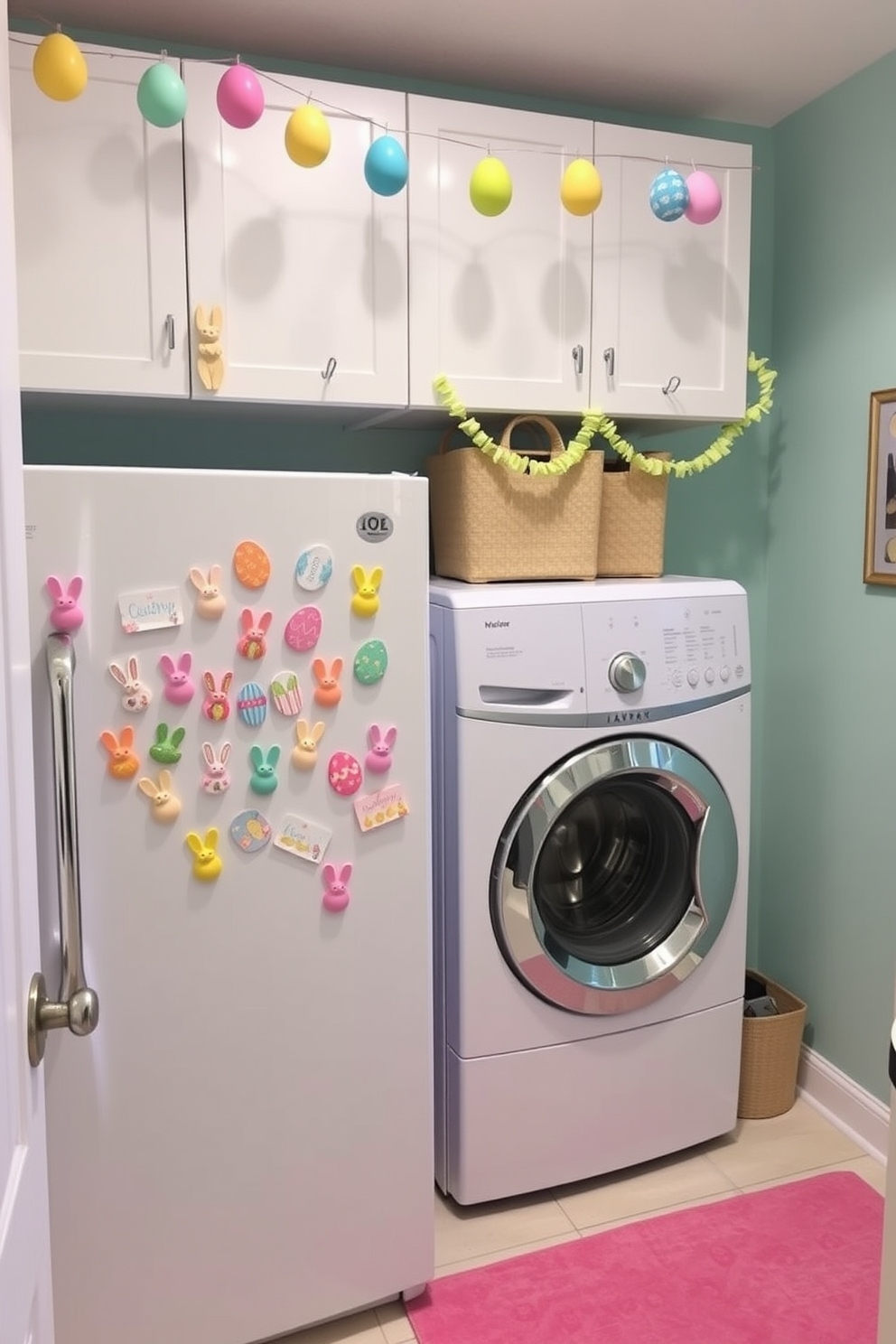 A bright and cheerful laundry room adorned with Easter-themed magnets on the refrigerator and washing machine. The walls are painted in a soft pastel color, and decorative elements include bunny-shaped hooks and colorful egg garlands hanging above the appliances.