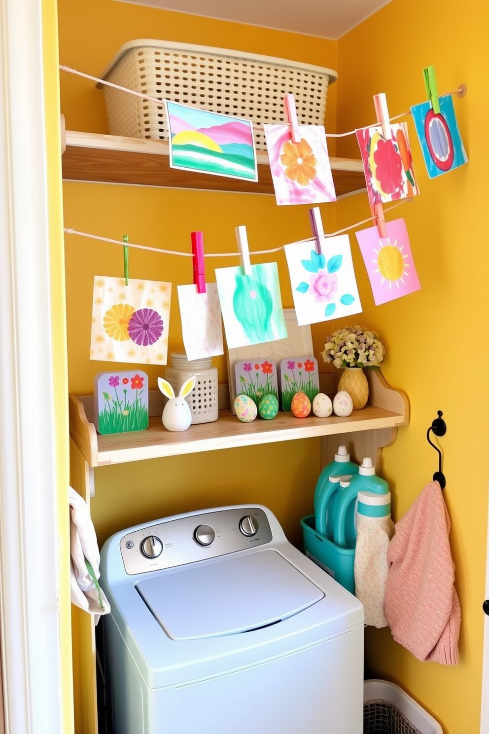 A bright and cheerful laundry room features decorative clothespins in pastel colors used to hang vibrant pieces of art on a string line. The walls are painted in a soft yellow hue, and a vintage wooden shelf displays Easter-themed decorations alongside neatly organized laundry supplies.