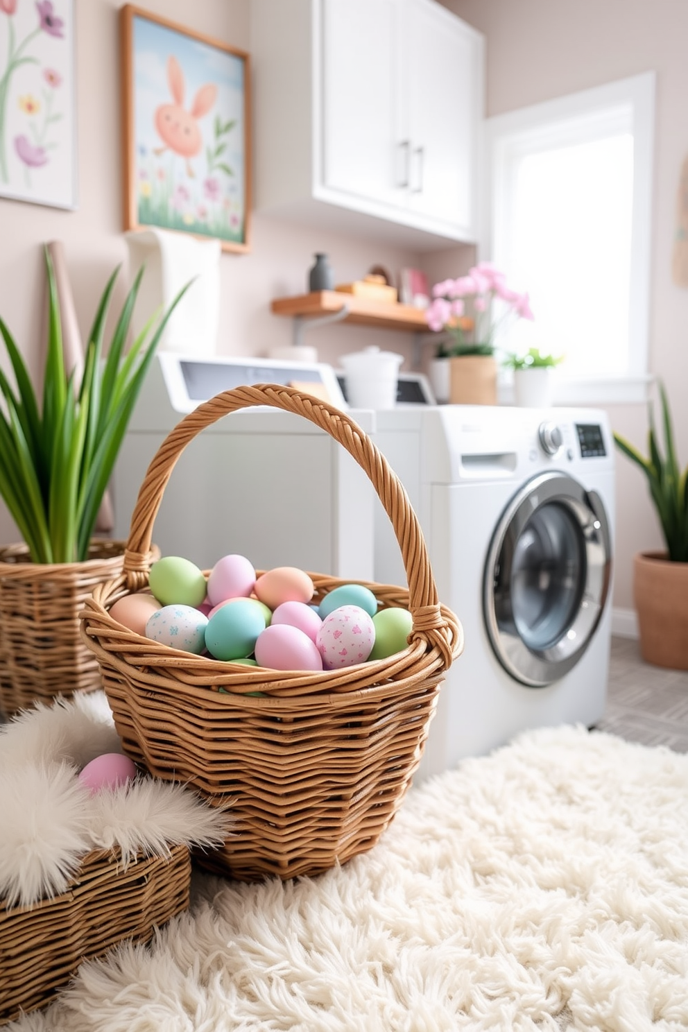 A vibrant laundry room decorated for Easter features a woven basket overflowing with colorful Easter eggs in various pastel shades. The walls are adorned with cheerful spring-themed artwork, and a soft, fluffy rug adds warmth to the space.