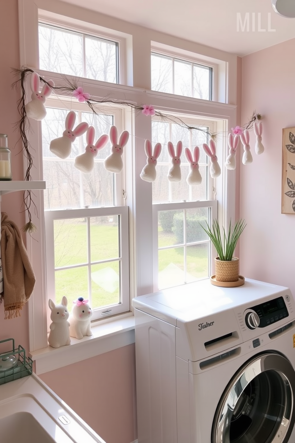 A bright and cheerful laundry room featuring a spring-themed rug with floral patterns in pastel colors. The walls are painted a soft white, and the space is adorned with decorative Easter elements like bunny figurines and colorful egg arrangements.