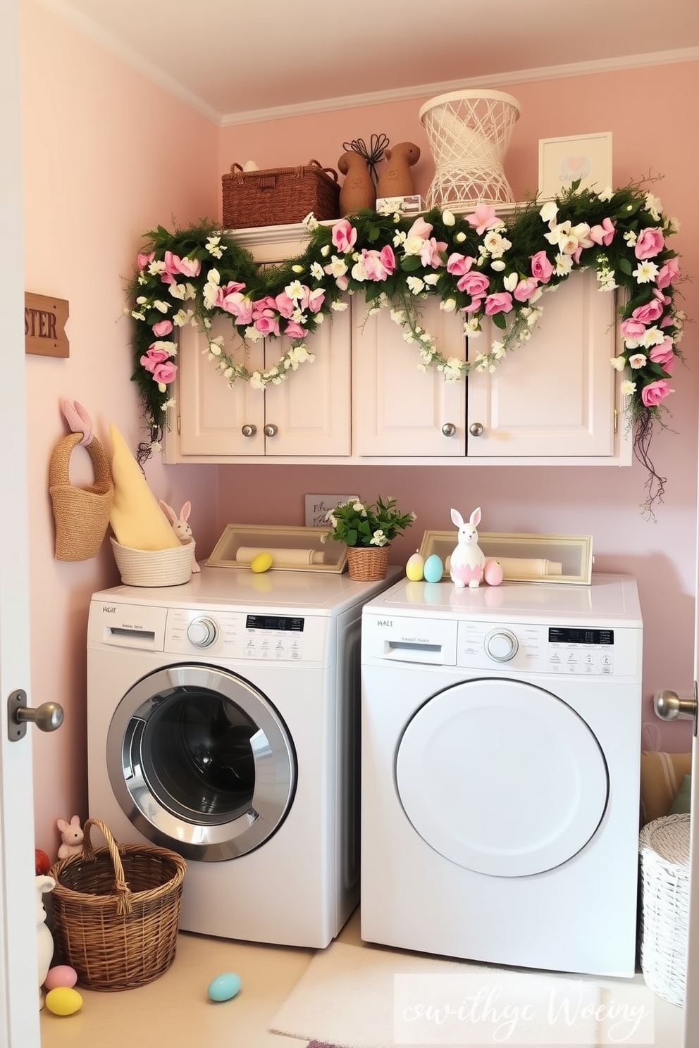 A cozy laundry room adorned with floral garlands draped elegantly over the cabinets. The walls are painted in a soft pastel hue, and a cheerful Easter theme is brought to life with decorative bunnies and colorful eggs scattered throughout the space.