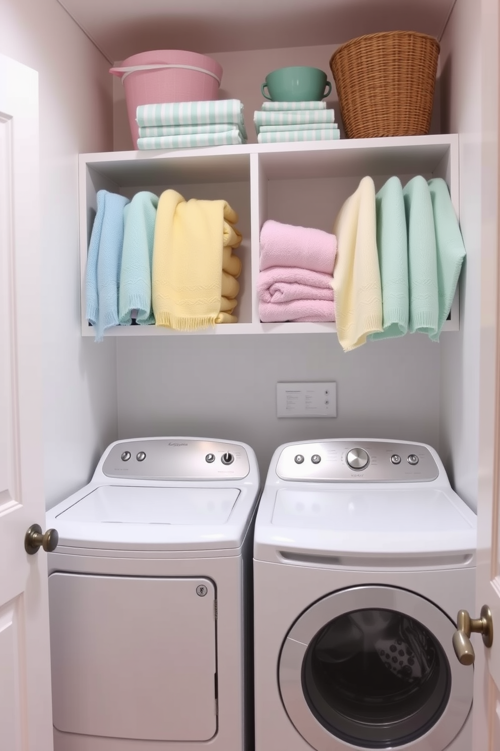 A bright and cheerful laundry room adorned with a floral garland draped elegantly over the appliances. The walls are painted in a soft pastel shade, and decorative Easter-themed accents are placed throughout the space, creating a festive atmosphere.