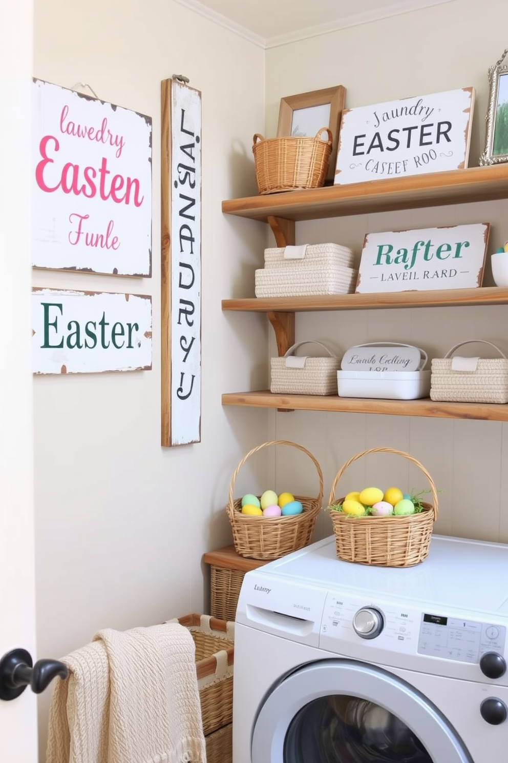 A vintage laundry basket is filled with pastel-colored Easter eggs and surrounded by spring flowers. The laundry room features cheerful decorations like bunny motifs and garlands made of colorful paper eggs.