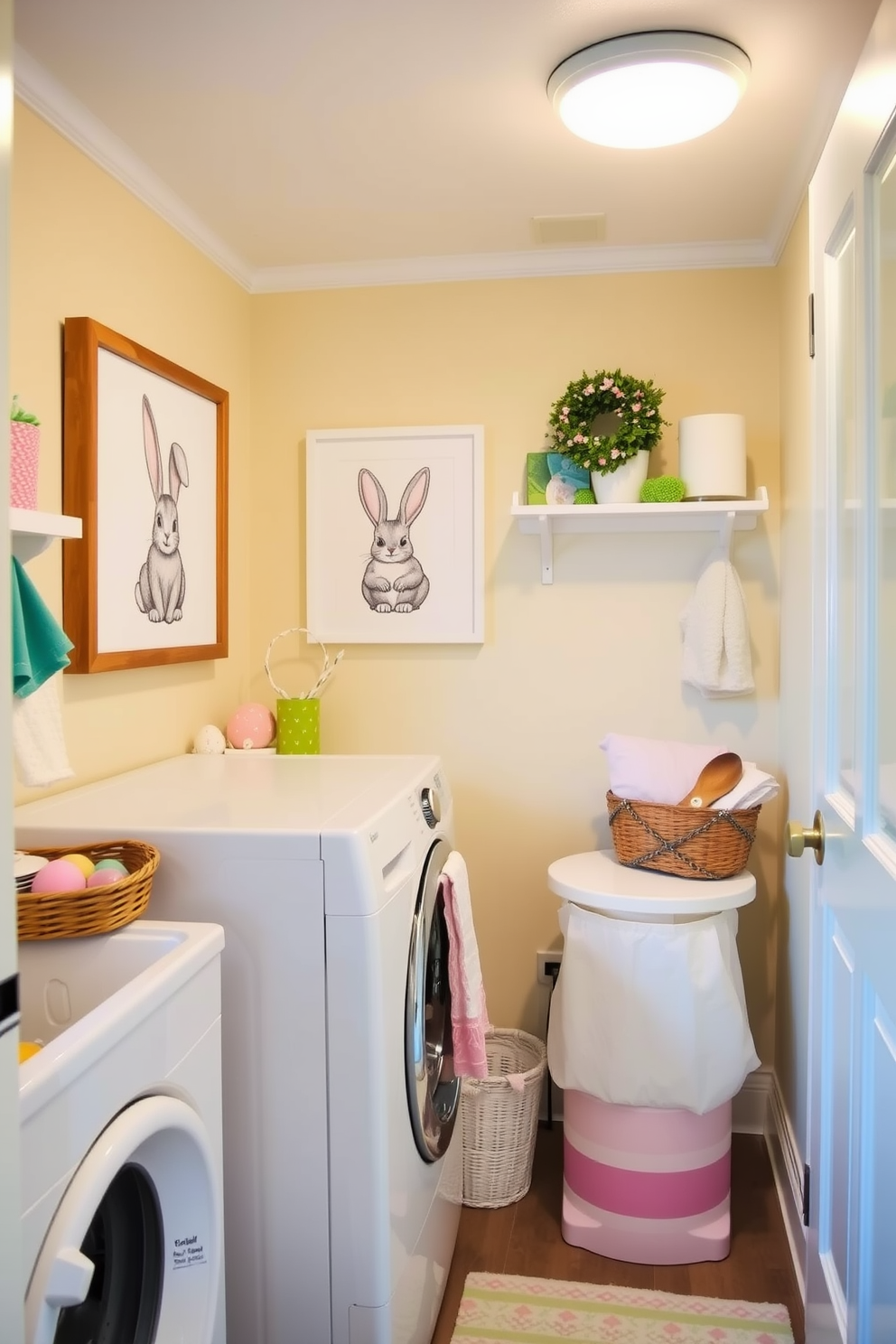 A bright and cheerful laundry room filled with pastel colored towels in soft pink, mint green, and lavender. The walls are adorned with playful Easter-themed decorations, including bunny motifs and colorful egg garlands.