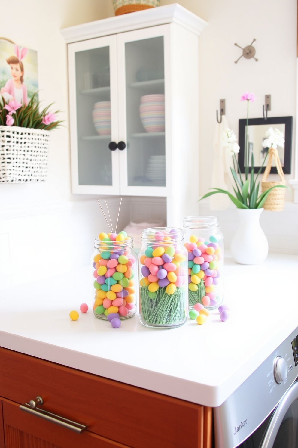 A cheerful laundry room decorated for Easter. Decorative jars filled with colorful candy eggs are arranged on a bright countertop, adding a festive touch to the space.