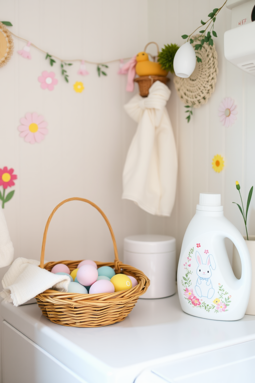 Create a cheerful laundry room decorated for Easter. The walls are adorned with pastel-colored decorations, and a basket filled with colorful Easter eggs sits on the countertop next to a bottle of laundry detergent featuring a playful bunny design. Incorporate floral patterns and soft hues in the laundry detergent labels. The labels should feature whimsical illustrations of spring flowers and Easter motifs, inviting a sense of joy and freshness into the space.