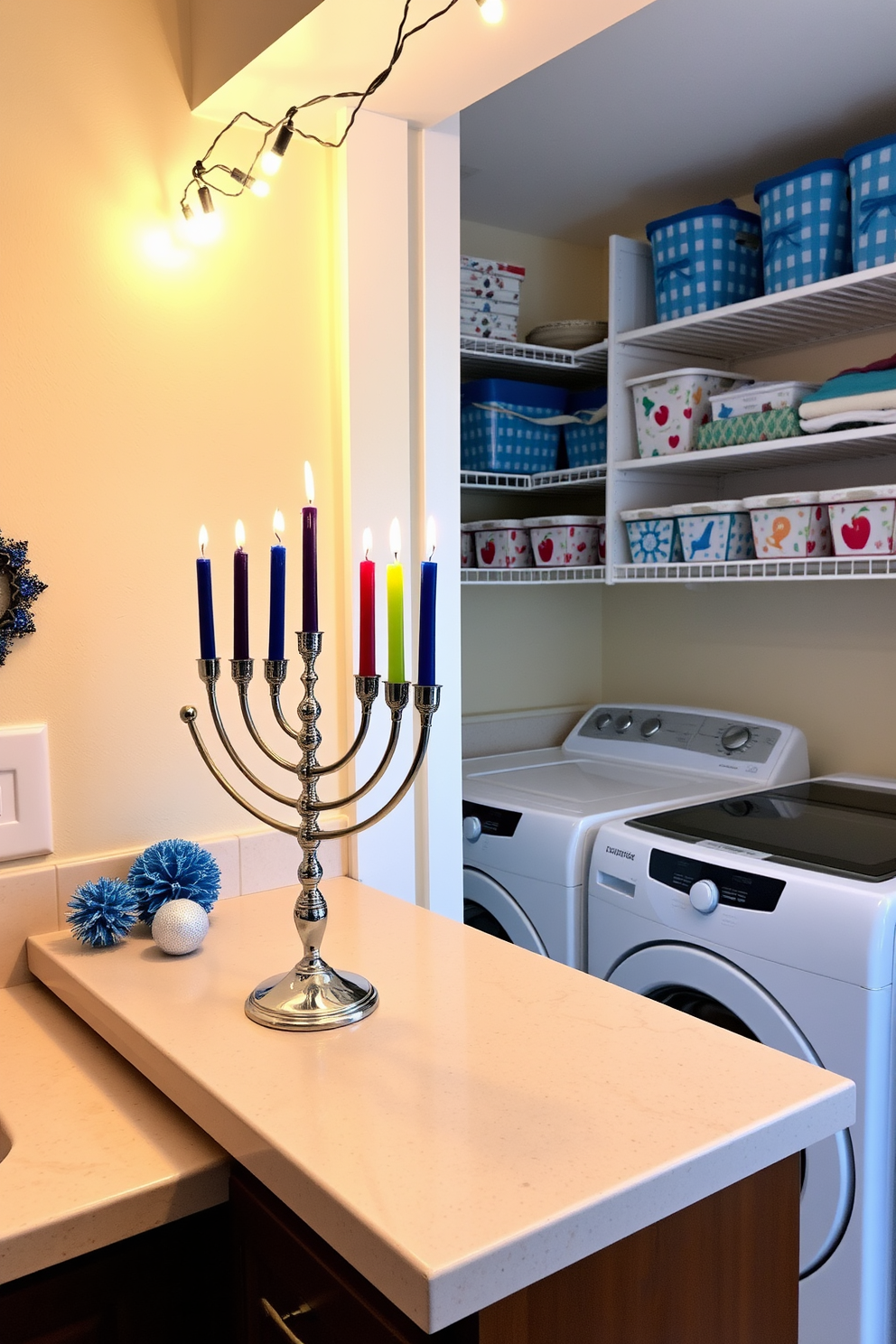 A festive menorah is elegantly displayed on the countertop, adorned with colorful candles ready to be lit. Surrounding the menorah are cheerful decorations, including blue and silver accents that capture the spirit of Hanukkah. The laundry room features a bright and inviting atmosphere, with shelves lined with holiday-themed storage bins. String lights hang overhead, adding a warm glow to the space, making it feel festive and organized.