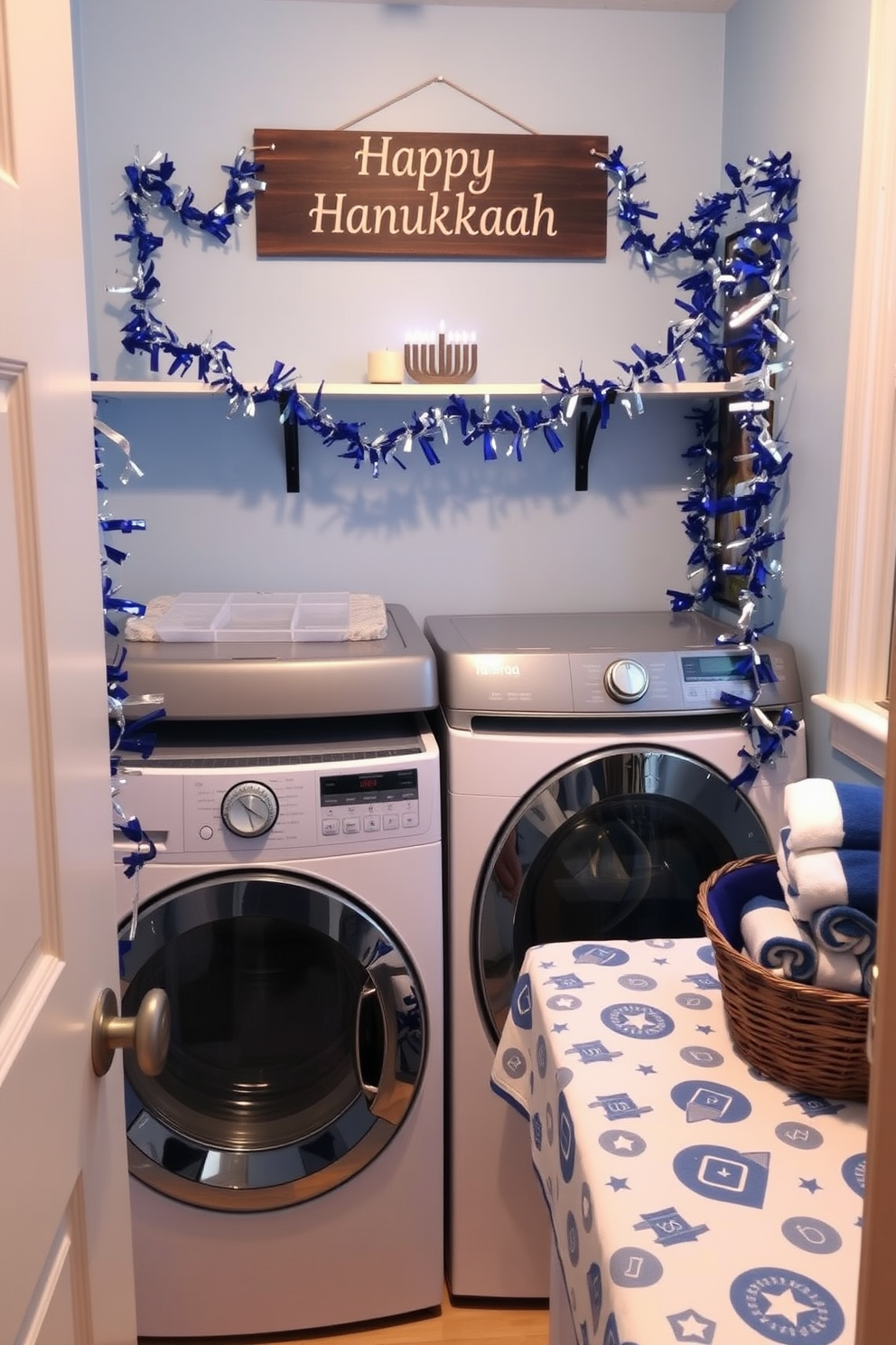 A cozy laundry room adorned with Star of David ornaments displayed on open shelves. The walls are painted in a soft blue hue, creating a serene atmosphere perfect for holiday decorating ideas.