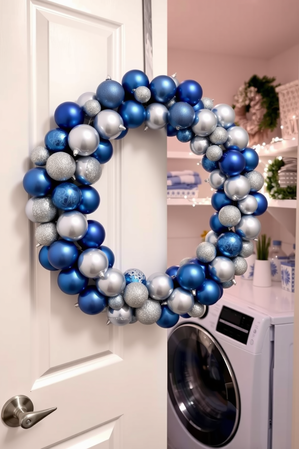 A stunning wreath made of blue and silver ornaments is elegantly displayed on the door of a cheerful laundry room. The wreath features a mix of shiny and matte finishes, creating a beautiful contrast that captures the spirit of Hanukkah. Inside the laundry room, the space is adorned with festive decorations that reflect the holiday theme. Soft white lights are strung along the shelves, adding warmth and a touch of magic to the practical space.