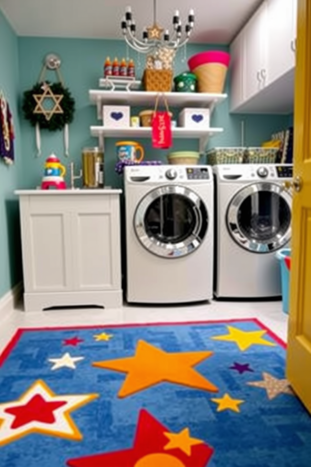 A festive laundry room adorned with a table runner featuring traditional Hanukkah symbols such as dreidels and menorahs. The walls are painted in a soft blue hue, and the space is illuminated by warm, ambient lighting that creates a cozy atmosphere.