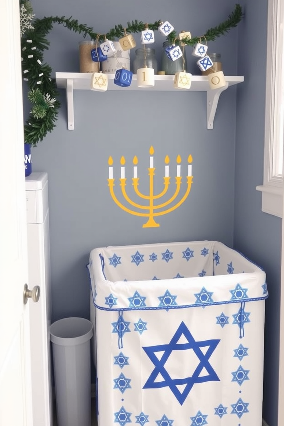 A creative laundry hamper designed for Hanukkah features vibrant blue and white colors with traditional menorah motifs. The laundry room is adorned with festive decorations, including star of David ornaments and a cheerful garland of dreidels hanging above the hamper.