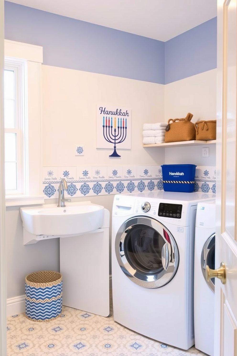 A bright and cheerful laundry room featuring seasonal artwork on the walls that celebrates the joy of Hanukkah. The artwork includes blue and white motifs with menorahs and dreidels, creating a festive atmosphere in the space.