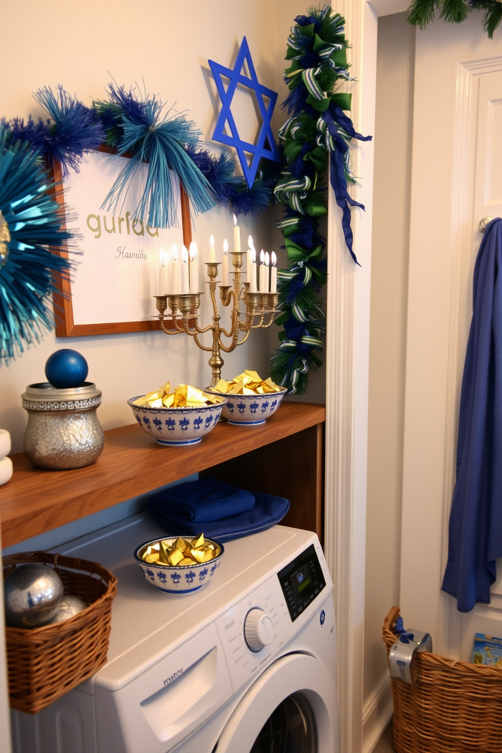 Decorative bowls filled with gelt are artfully arranged on a wooden shelf in the laundry room. The space is adorned with festive Hanukkah decorations, including blue and silver accents that create a cheerful atmosphere.