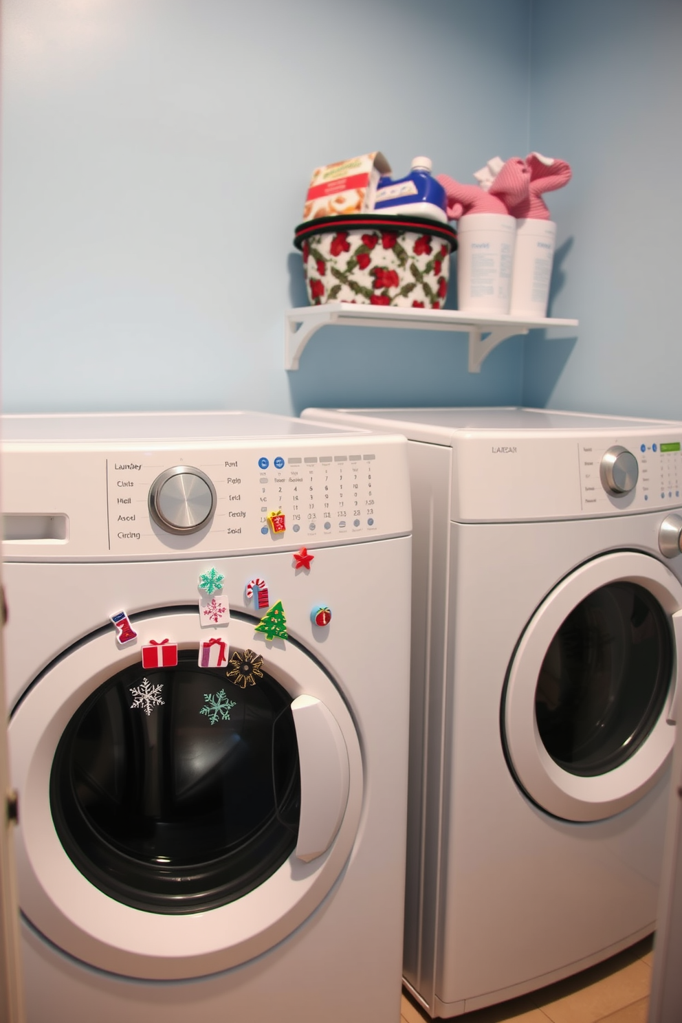 A cheerful laundry room adorned with festive magnets on the front of a sleek white laundry machine. The walls are painted in a soft blue hue, and a small shelf above the machine displays colorful Hanukkah decorations and a basket filled with holiday-themed laundry supplies.