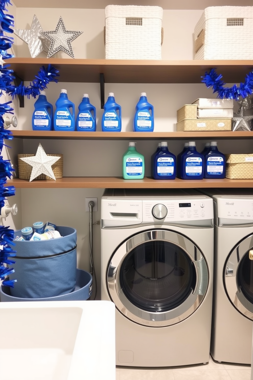 A laundry room designed with blue and silver themed detergent bottles neatly arranged on a stylish shelf. The space features a sleek washing machine and dryer, accented with decorative elements that reflect Hanukkah, such as silver stars and blue garlands.