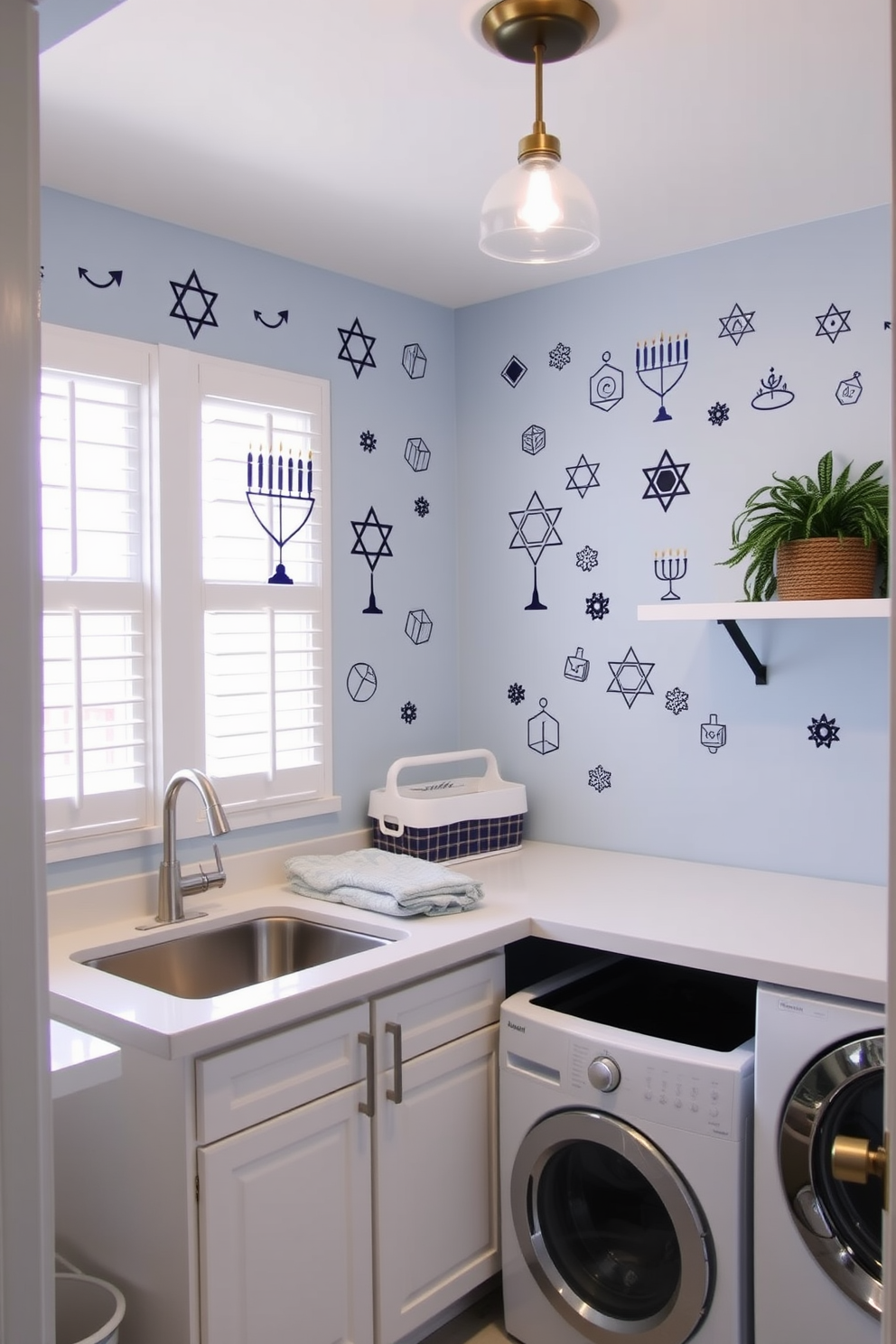 A cozy laundry room adorned with Hanukkah inspired wall decals featuring traditional symbols such as menorahs and dreidels. The walls are painted in a soft blue hue, complemented by white cabinetry and a spacious countertop for folding laundry.