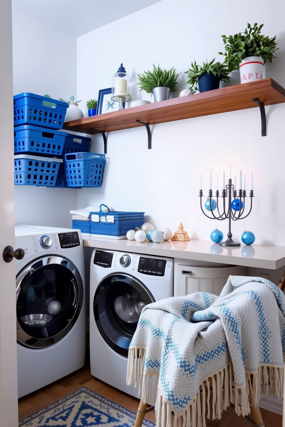 A serene laundry room featuring blue and white themed laundry baskets arranged neatly in a corner. The walls are painted in a soft white hue, and a rustic wooden shelf above holds decorative items and plants. For Hanukkah decorating ideas, the space is adorned with subtle blue and silver accents. A festive menorah sits on the countertop, surrounded by sparkling ornaments and a cozy throw blanket draped over a nearby chair.