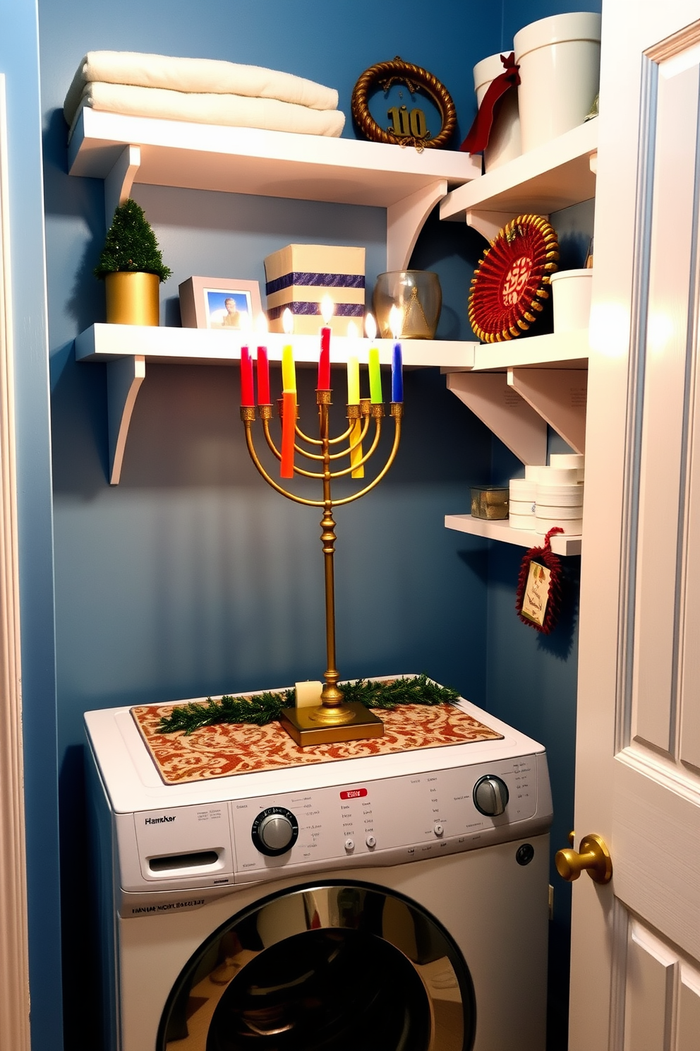 A stylish laundry room featuring a tabletop display of a traditional menorah surrounded by an array of colorful candles. The walls are painted in a soft blue hue, and festive Hanukkah decorations adorn the shelves, creating a warm and inviting atmosphere.