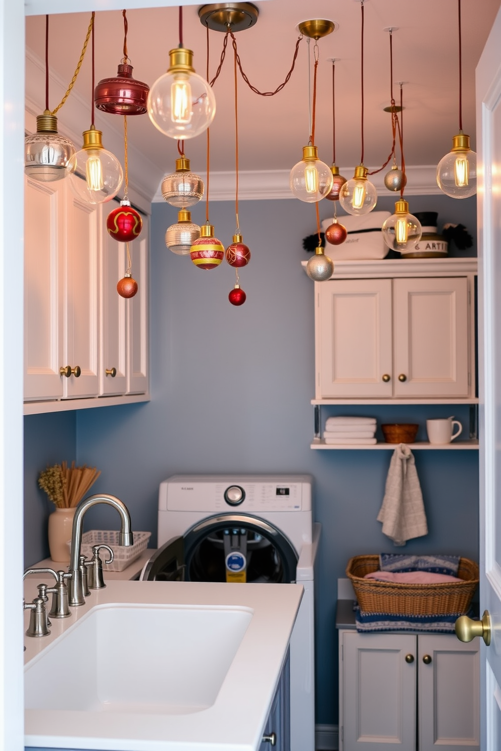 A cozy laundry room adorned with hanging ornaments from stylish ceiling fixtures. The space features a large utility sink, ample storage cabinets, and a cheerful color palette to celebrate Hanukkah.