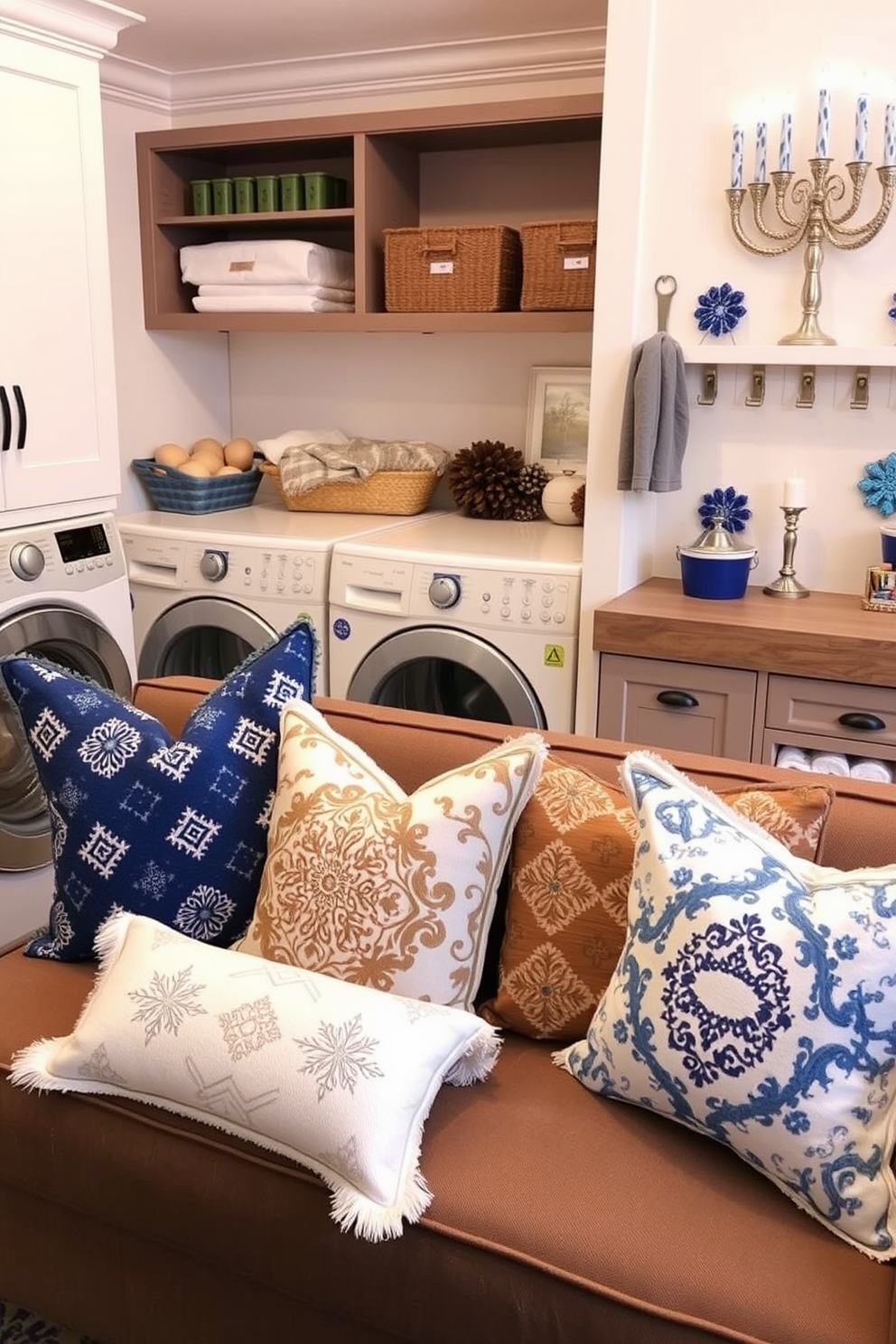 A bright and cheerful laundry room featuring a washing machine adorned with decorative magnets that showcase festive Hanukkah themes. The walls are painted in a soft blue hue, and a cozy shelf above the machine holds neatly folded towels and holiday decorations.