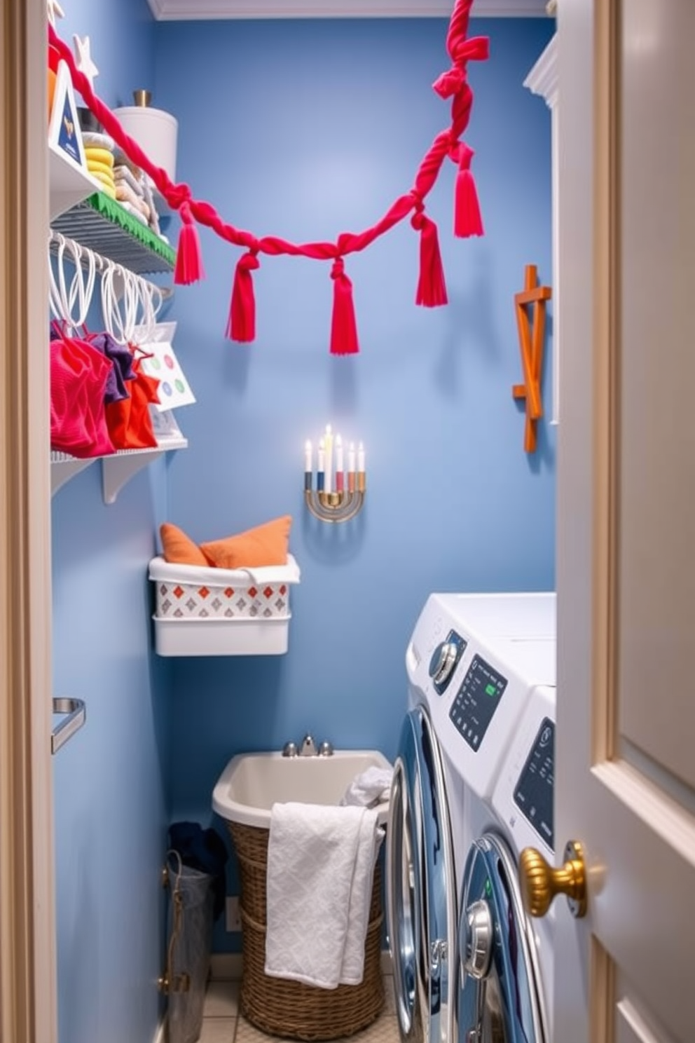 A cozy laundry room featuring a Hanukkah-themed tablecloth draped over a folding area. The tablecloth is adorned with traditional symbols such as menorahs and dreidels, creating a festive atmosphere. The walls are painted a soft blue, complementing the white cabinetry. Decorative elements include a small potted plant and a basket filled with colorful towels, enhancing the holiday spirit.