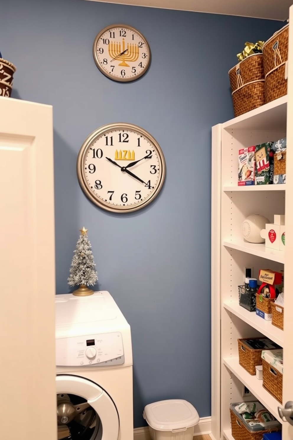 A decorative laundry room clock features symbols representing various aspects of Hanukkah, such as the menorah and dreidels. The clock is mounted on a wall painted in a soft blue hue, complementing the white cabinetry and organized shelves filled with festive decorations.