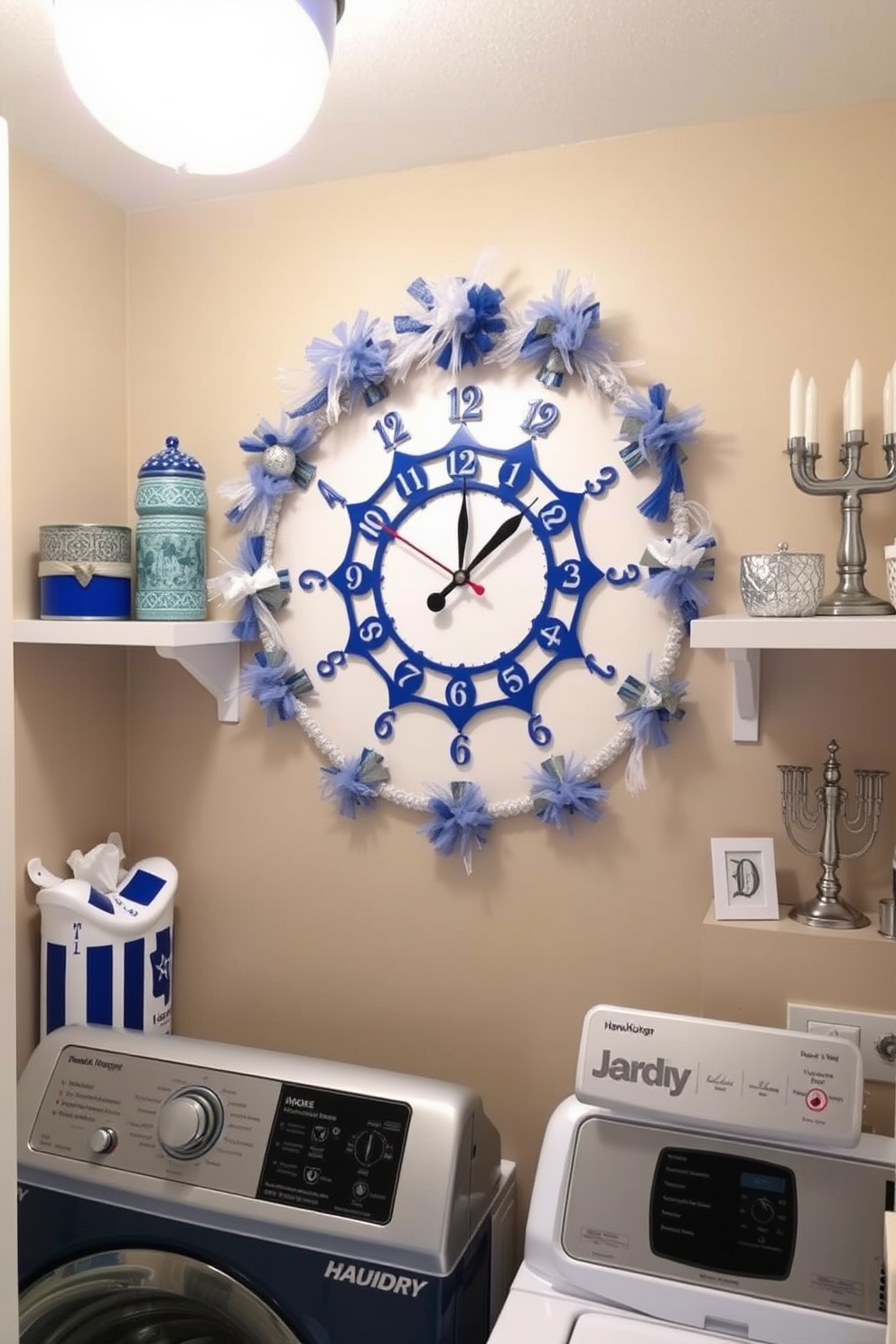 A bright and cheerful laundry room featuring seasonal artwork that adds a festive touch. The walls are painted in a soft blue, with open shelving displaying neatly folded towels and decorative baskets. Incorporate Hanukkah decorating ideas with a beautiful menorah placed on the countertop. Surround it with blue and silver accents, including ornaments and themed artwork that celebrate the holiday spirit.