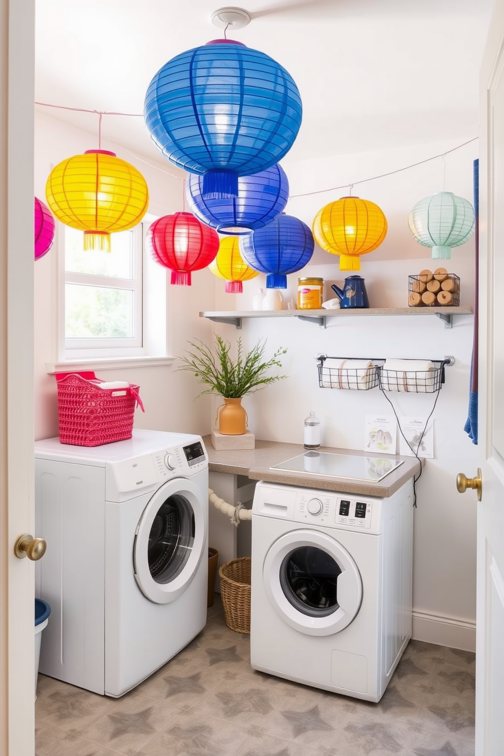 A warm and inviting laundry room adorned with festive paper lanterns in vibrant colors. The walls are painted a soft white, and the floor is tiled with light gray ceramic tiles, creating a cheerful atmosphere for Hanukkah decorating ideas.