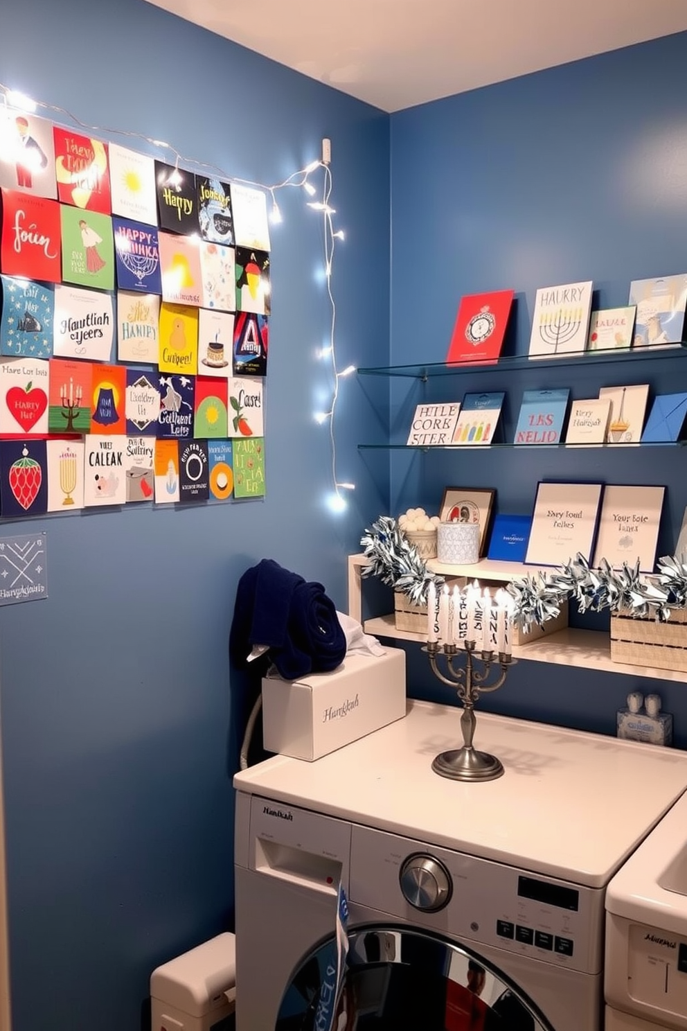 A creative display of Hanukkah cards adorns the laundry room walls, showcasing a mix of traditional and modern designs. The cards are arranged in a colorful collage, complemented by twinkling string lights that add a festive glow to the space. For Hanukkah decorating ideas, the laundry room features a cheerful color palette of blues and silver. Decorative elements include a menorah on the countertop and festive garlands draped across the shelves, creating a warm and inviting atmosphere.