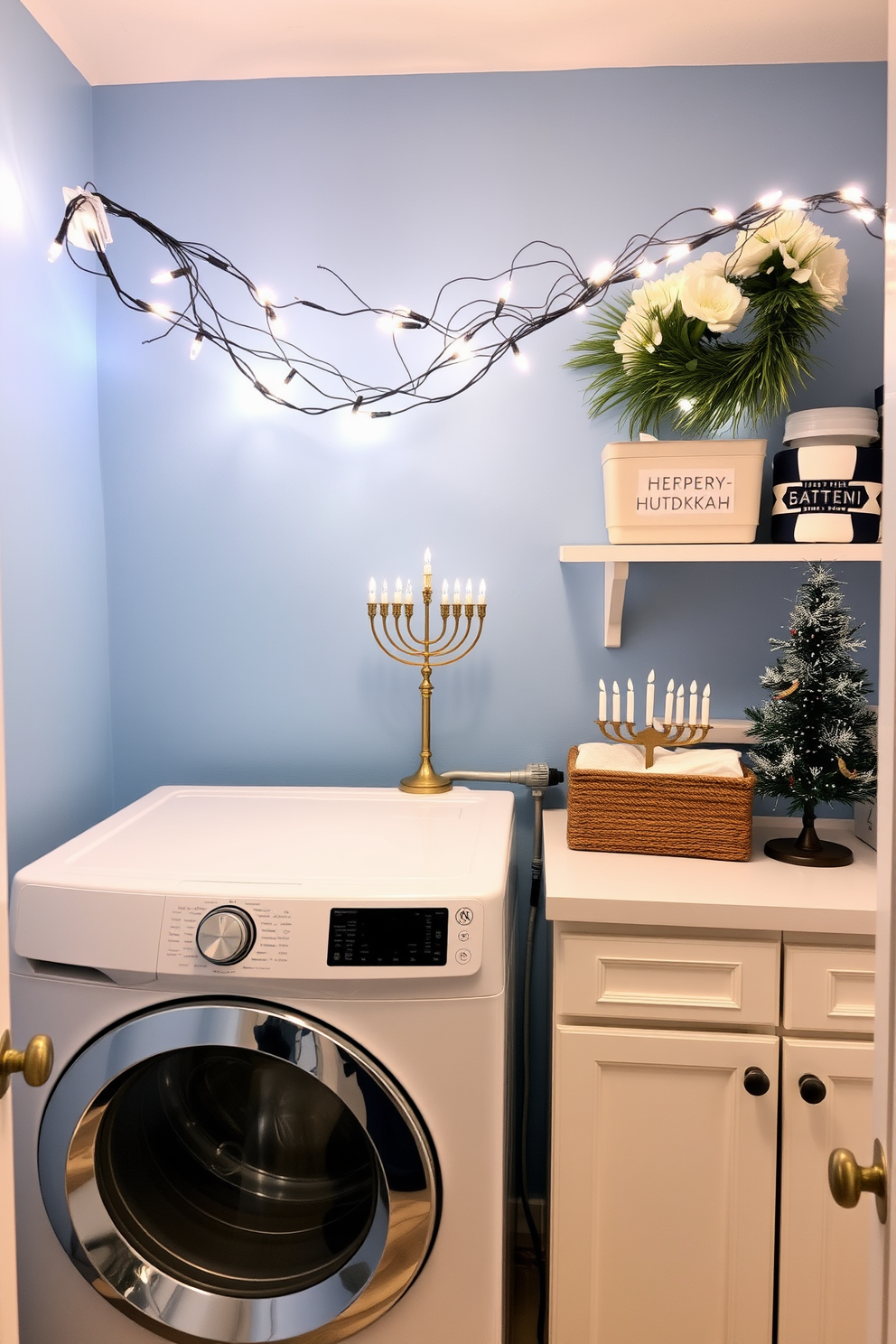 A cozy laundry room adorned with hanging string lights that create a warm and inviting ambiance. The walls are painted in a soft blue hue, and a rustic wooden shelf holds neatly folded towels and colorful laundry baskets. For Hanukkah decorating ideas, the space features a beautifully arranged menorah on the countertop, surrounded by festive blue and silver decorations. A small table is set up with traditional treats, and a vibrant tablecloth adds a cheerful touch to the overall decor.