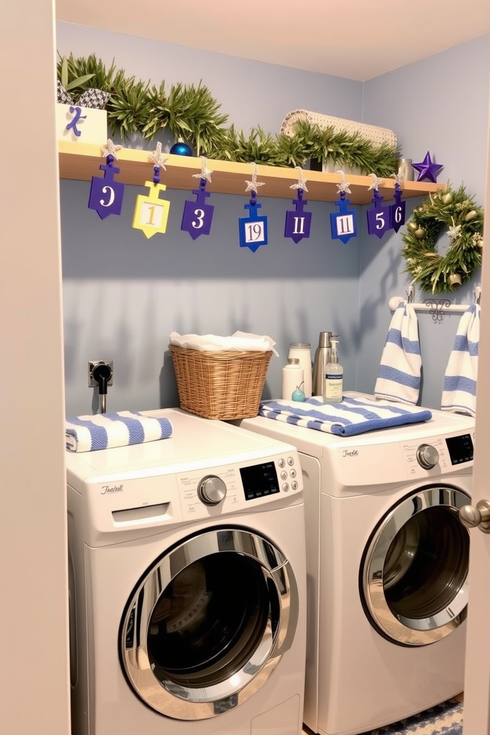 A cozy laundry room decorated for Hanukkah features a cheerful DIY dreidel garland hanging above the washer and dryer. The walls are painted in a soft blue shade, and festive accents like star-shaped ornaments and blue and white towels add to the holiday spirit.