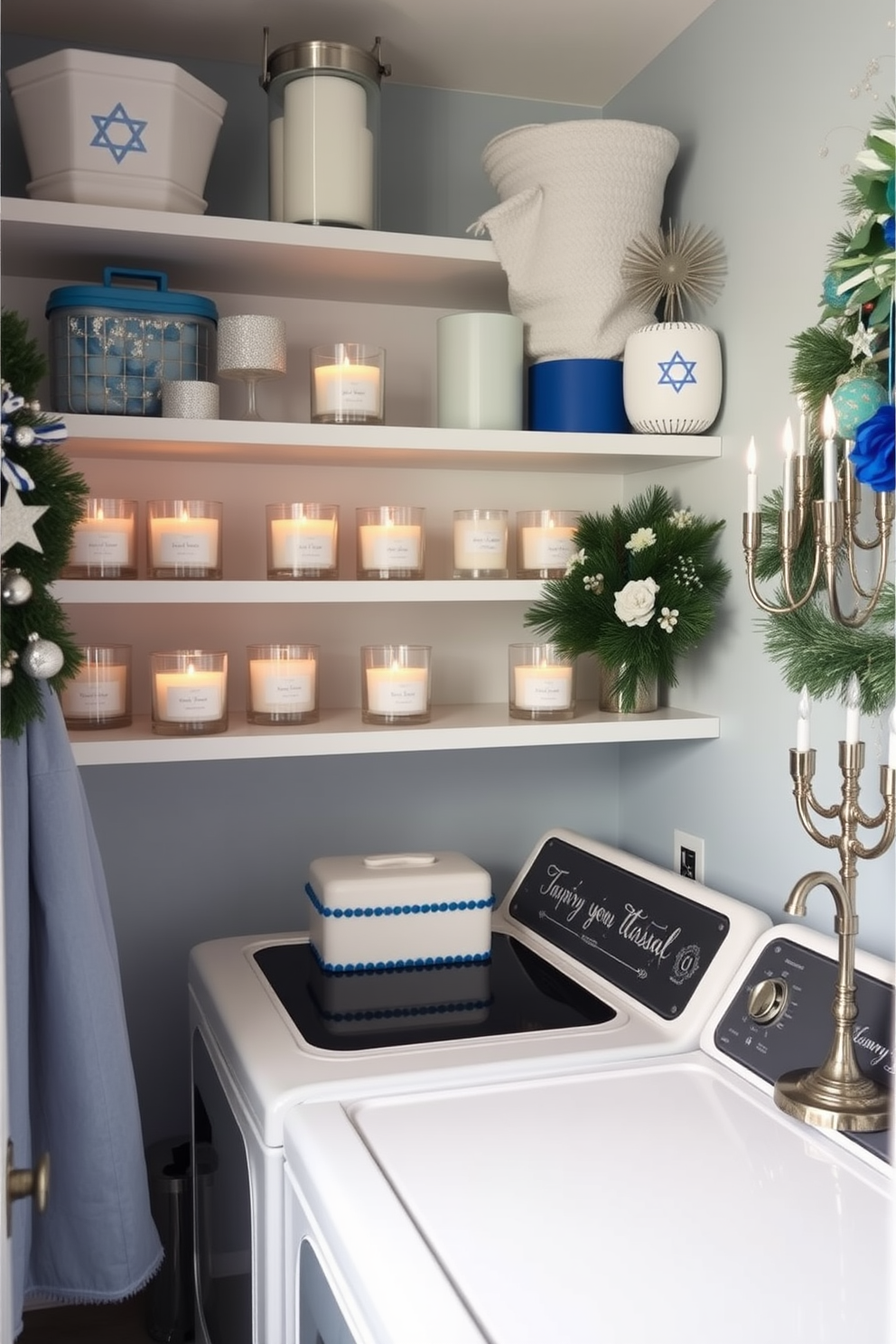 A bright and airy laundry room features white cabinetry with gold hardware, providing a chic and modern look. The countertops are adorned with stylish gold accent decor pieces, including a decorative bowl and a set of elegant storage jars. For Hanukkah decorating ideas, the space is infused with festive touches, such as a beautiful menorah placed on the countertop and blue and silver accents throughout. Soft lighting illuminates the room, creating a warm and inviting atmosphere perfect for celebrating the holiday.