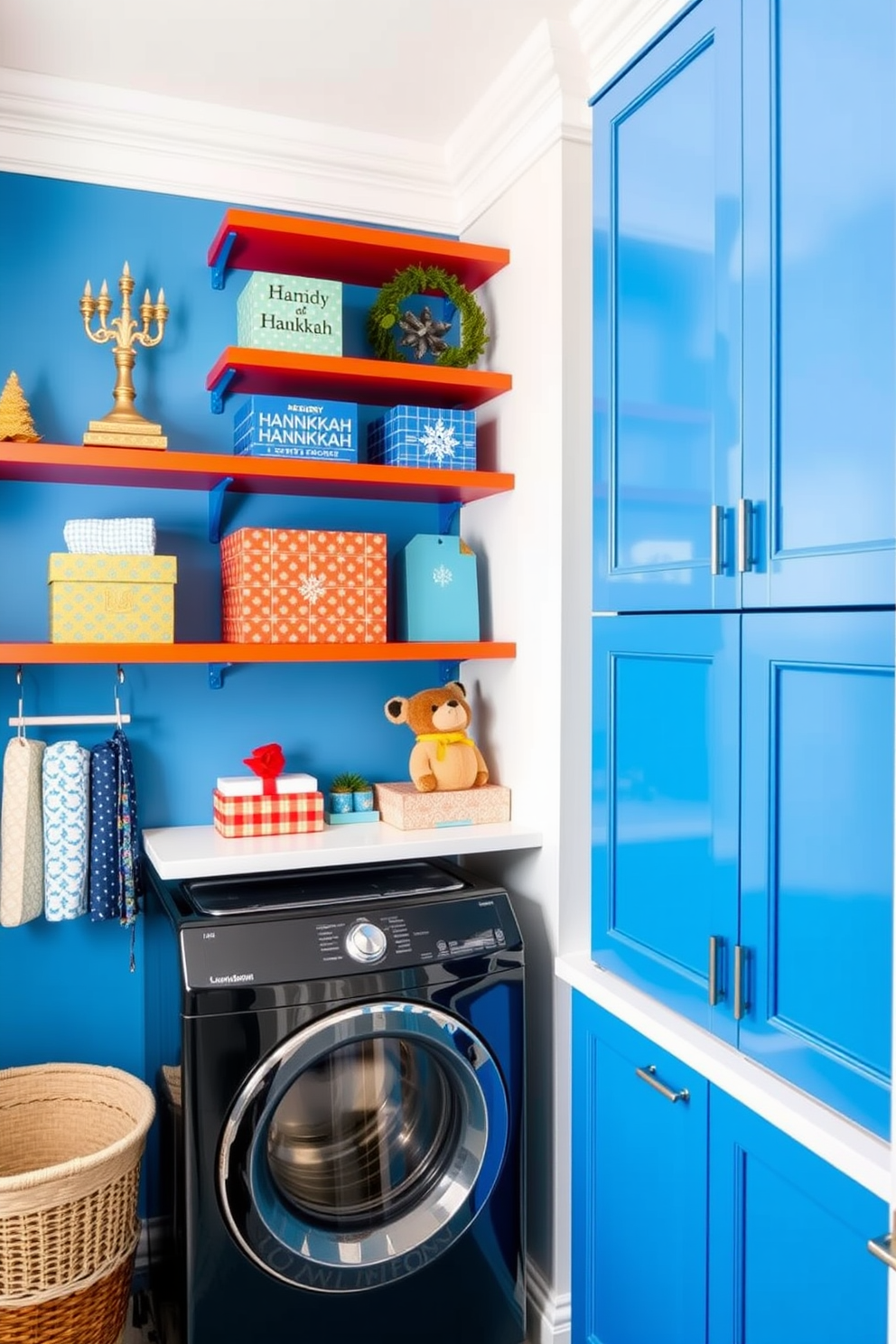 A functional laundry room featuring wall-mounted storage in vibrant Hanukkah colors. Shelves are adorned with decorative boxes and holiday-themed accents, creating a festive atmosphere.