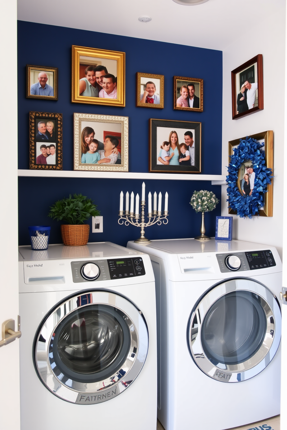 Framed family photos in festive frames adorn the walls of a cheerful laundry room. The space is brightened with colorful decorations inspired by Hanukkah, including blue and silver accents throughout.