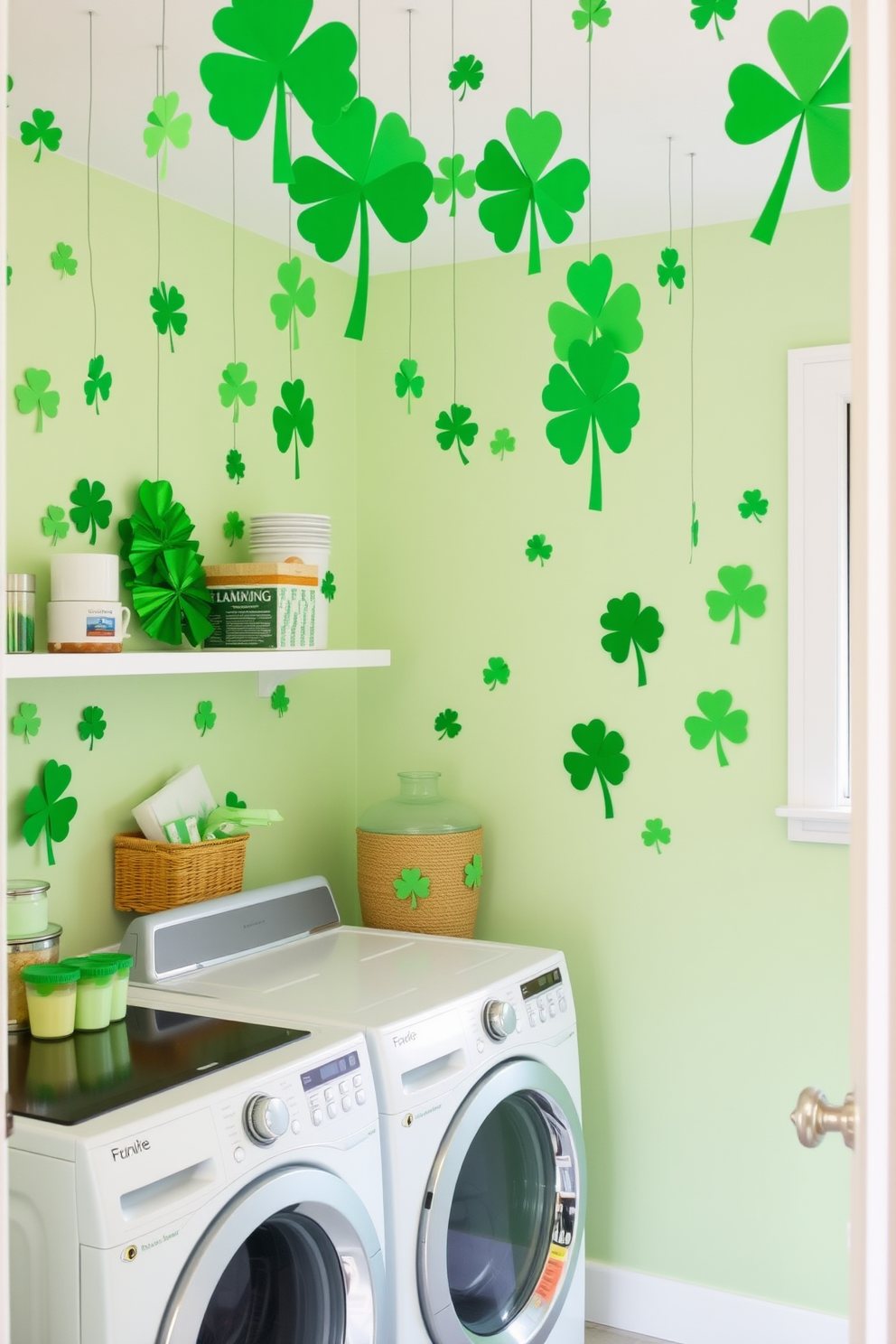 A bright and cheerful laundry room featuring green towels that add a vibrant pop of color. The space is adorned with festive St. Patrick's Day decorations, including shamrock garlands and themed wall art.