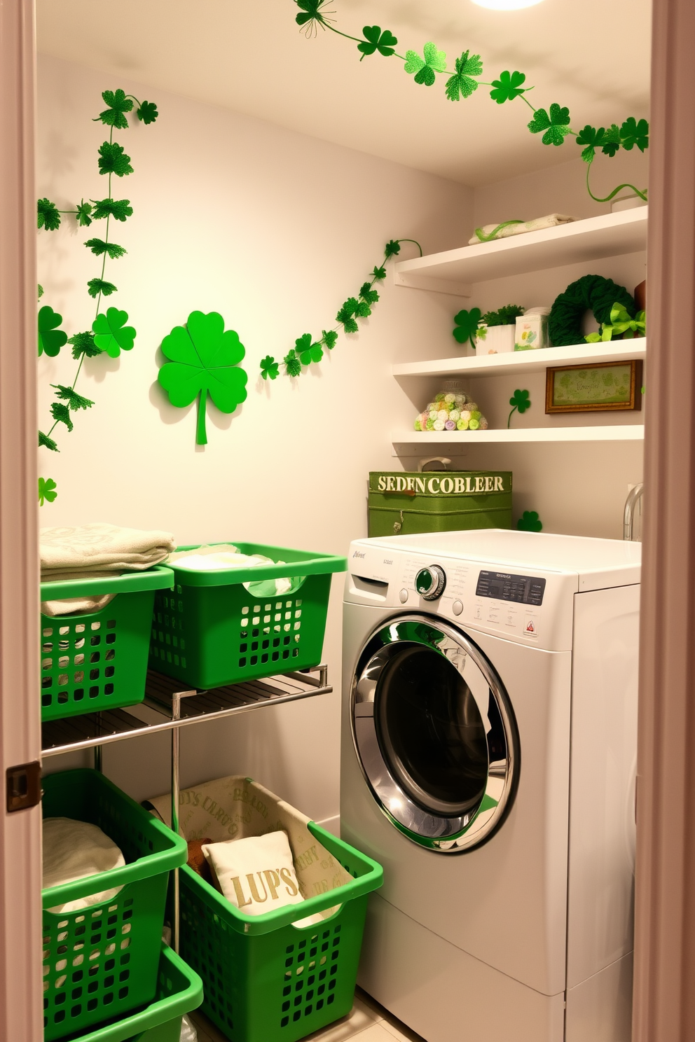 A cheerful laundry room decorated for St. Patrick's Day features hanging green banners adorned with festive quotes. The walls are painted in a soft white, and a rustic wooden shelf displays vibrant green and gold accessories.