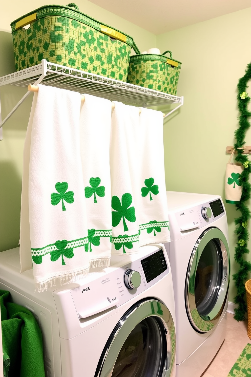 A bright and cheerful laundry room decorated for St. Patrick's Day. The space features decorative jars filled with vibrant green candies, adding a festive touch to the room. The walls are painted a soft white, complemented by green accents throughout. A cozy countertop area is adorned with shamrock-themed decor and a playful green runner.