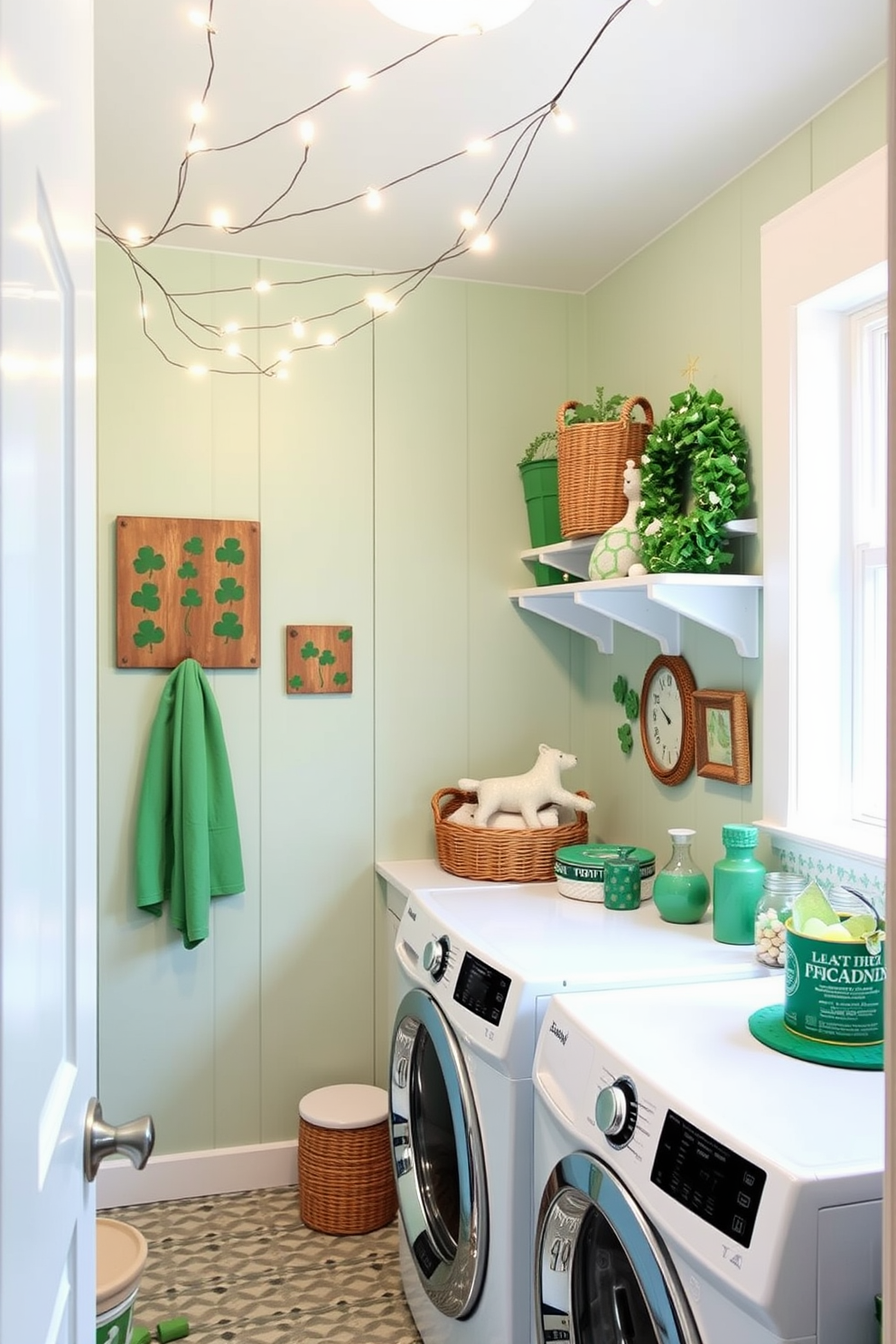 A bright and functional laundry room featuring stylish light fixtures with green accents. The walls are painted in a soft white, creating a clean and inviting atmosphere for St. Patrick's Day decorating ideas. Decorative elements include shamrock-themed wall art and green storage bins that add a festive touch. A spacious countertop for folding clothes complements the overall design, enhancing both aesthetics and practicality.