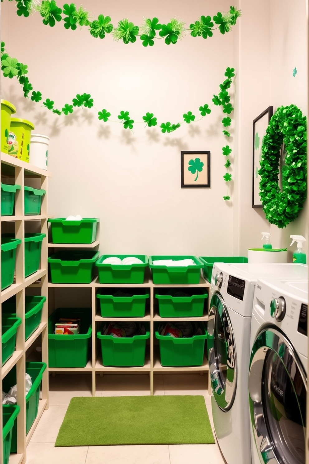 A charming laundry room decorated for St. Patrick's Day features two vibrant laundry baskets adorned with festive shamrock patterns. The walls are painted a soft white, while green accents such as a decorative banner and throw pillows add a playful touch to the space.