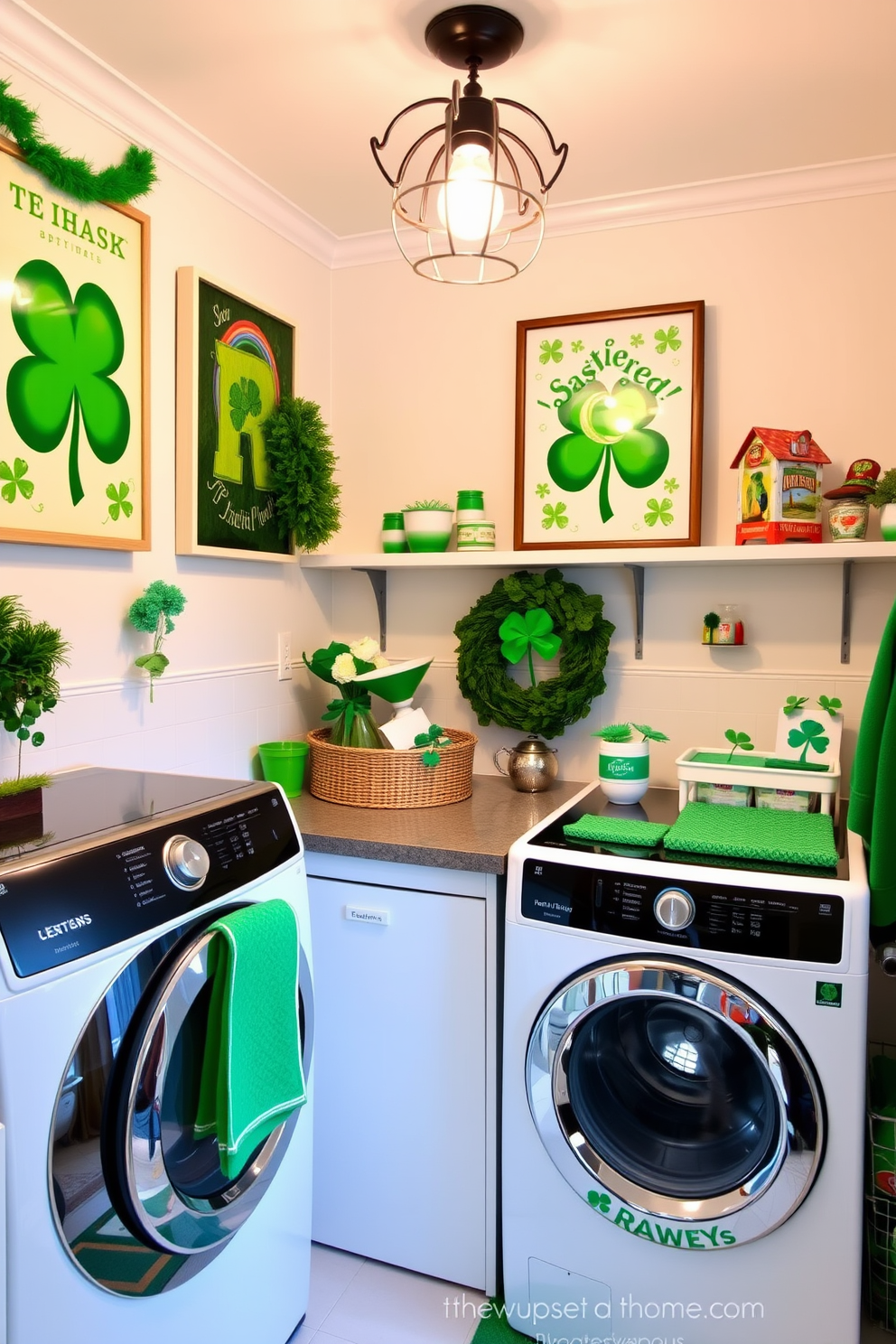 A bright and cheerful laundry room features open shelves adorned with an array of colorful lucky charms. The decor includes green accents and festive St. Patrick's Day decorations, creating a lively and inviting atmosphere.