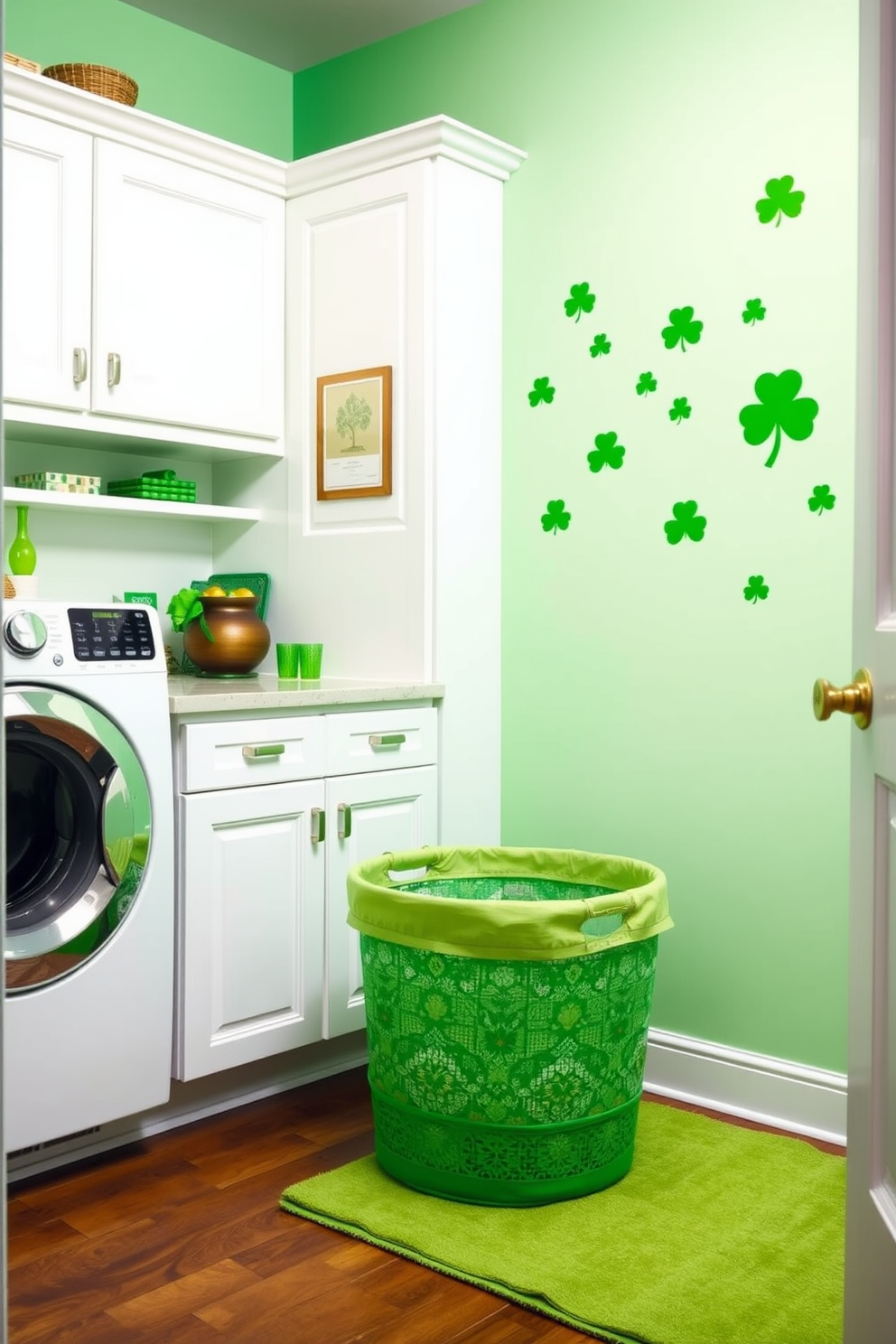 A bright and cheerful laundry room featuring green and gold curtains that elegantly frame the windows. The curtains are adorned with subtle patterns that reflect the spirit of St. Patrick's Day, adding a festive touch to the space. The room is filled with natural light, enhancing the vibrant colors of the decor. A stylish laundry basket and decorative accents in shades of green and gold complete the charming holiday theme.