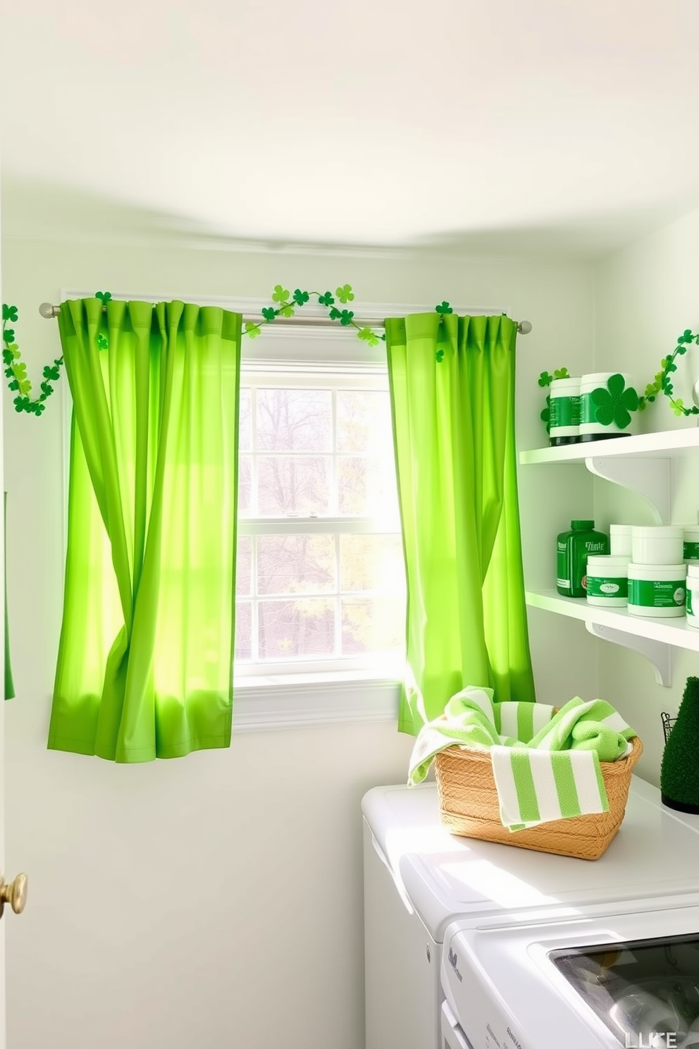 A charming laundry room adorned with a large chalkboard displaying festive St. Patrick's Day messages. The walls are painted in a soft pastel green, and decorative elements include shamrock garlands and cheerful green accents throughout the space.