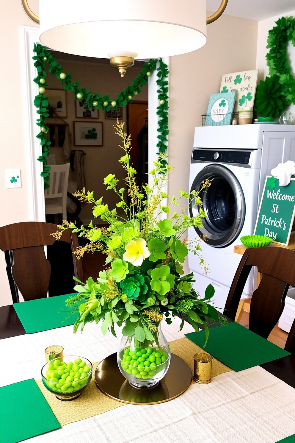 A charming laundry room adorned with vintage Irish postcards that showcase beautiful landscapes and iconic symbols of Ireland. The postcards are creatively arranged on a clothesline that stretches across the room, adding a whimsical touch to the space. The walls are painted in a soft pastel shade, complementing the vibrant colors of the postcards. To enhance the St. Patrick's Day theme, small green accents like shamrock decorations and a festive banner are placed throughout the room.