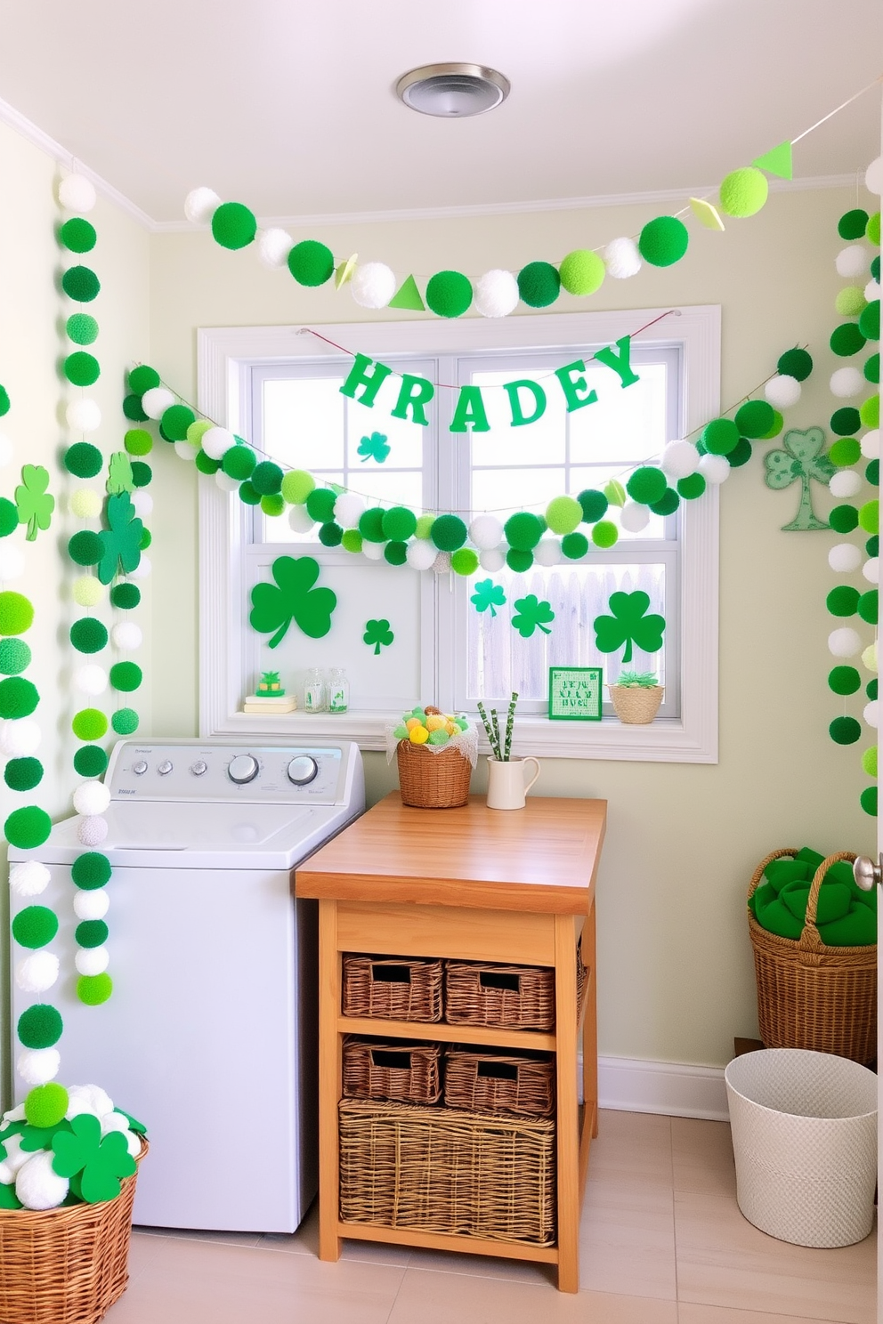 A cozy laundry room adorned for St. Patrick's Day features scented candles with an Irish fragrance placed on a rustic wooden shelf. The walls are painted in a soft cream color, and festive green and gold decorations hang around the space, creating a cheerful atmosphere.