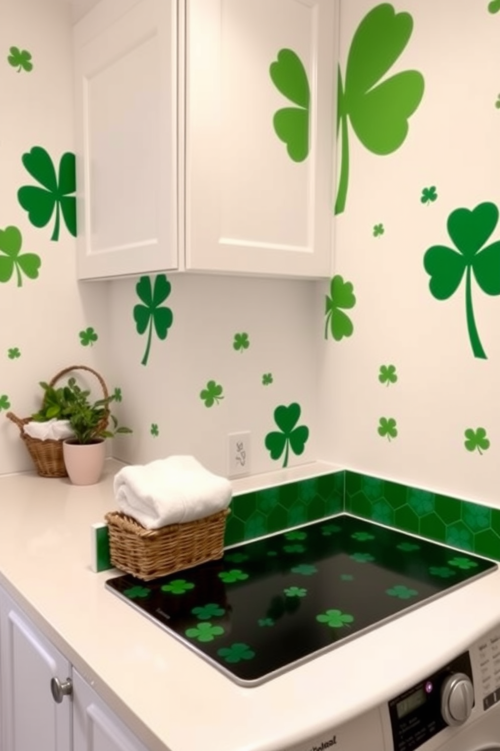 A bright and airy laundry room filled with green plants that bring a fresh ambiance. The walls are painted in a soft white, and the space features a modern washer and dryer with wooden shelving above for storage. St. Patrick's Day decorations are tastefully arranged throughout the room, including green garlands and festive accents. A charming display of shamrock-themed items adds a playful touch to the laundry space.