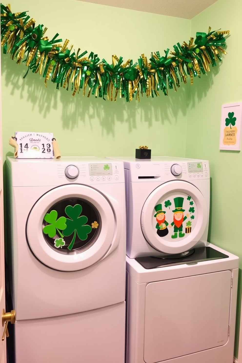 A cheerful St. Patrick's Day themed laundry mat features vibrant green and gold decorations throughout the space. Shamrock garlands hang from the ceiling while festive wall art showcases quotes about luck and laundry. The laundry machines are adorned with green covers, and the countertops are decorated with small potted shamrocks. Bright green towels and laundry baskets with gold accents complete the festive look, creating an inviting atmosphere for customers.