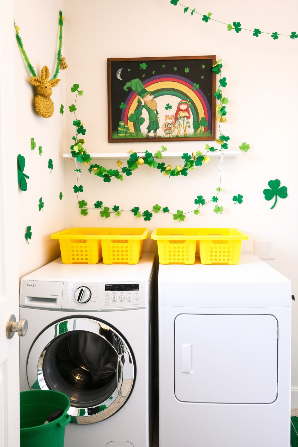 A cheerful laundry room decorated for St. Patrick's Day features decorative magnets showcasing various Irish symbols. The walls are adorned with green accents, and festive shamrock-themed decor adds a playful touch to the space.