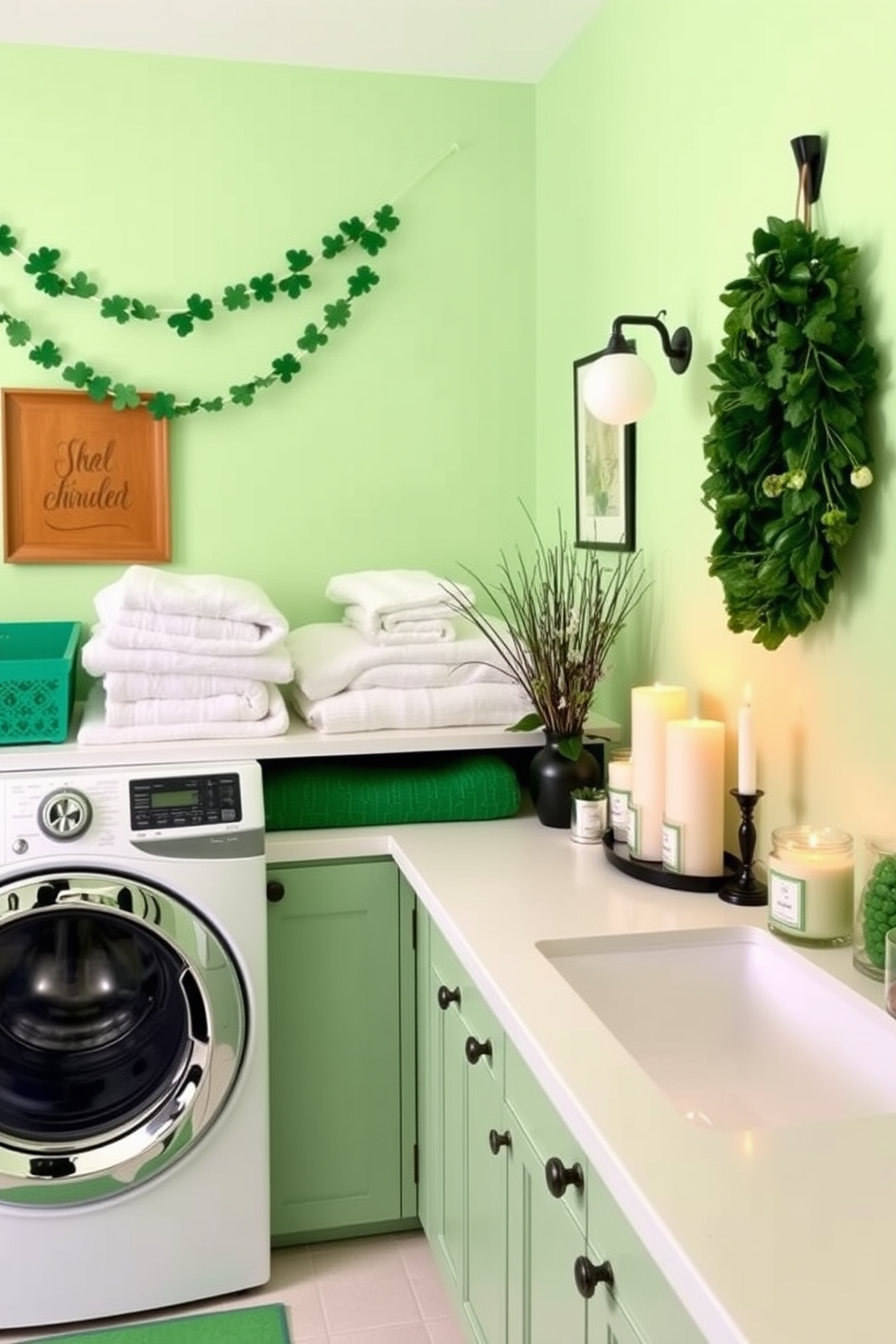 A festive laundry room adorned with a vibrant green rug that captures the spirit of St. Patrick's Day. The space features cheerful decorations such as shamrock accents and playful wall art, creating a lively and inviting atmosphere.