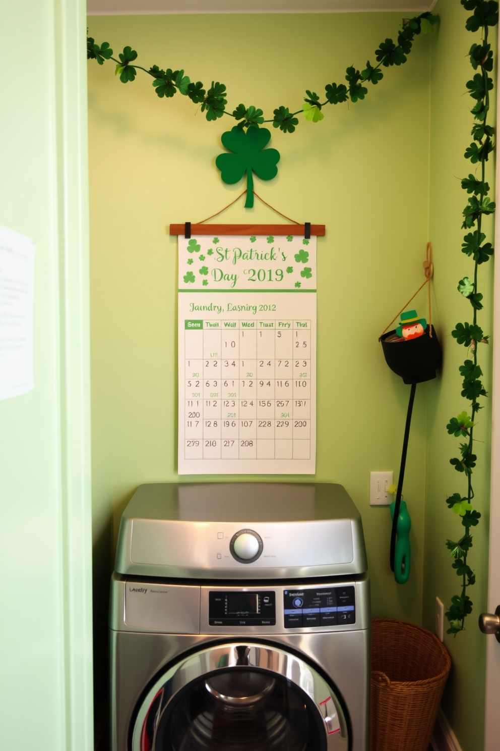 A charming laundry room adorned with a DIY shamrock garland hanging decor. The garland features vibrant green shamrocks crafted from felt, draping gracefully across the wall above a vintage-style washing machine. The space is brightened by cheerful St. Patrick's Day accents, including green and white striped towels neatly folded on a shelf. A small potted plant with shamrock leaves sits on the countertop, adding a touch of nature to the festive decor.