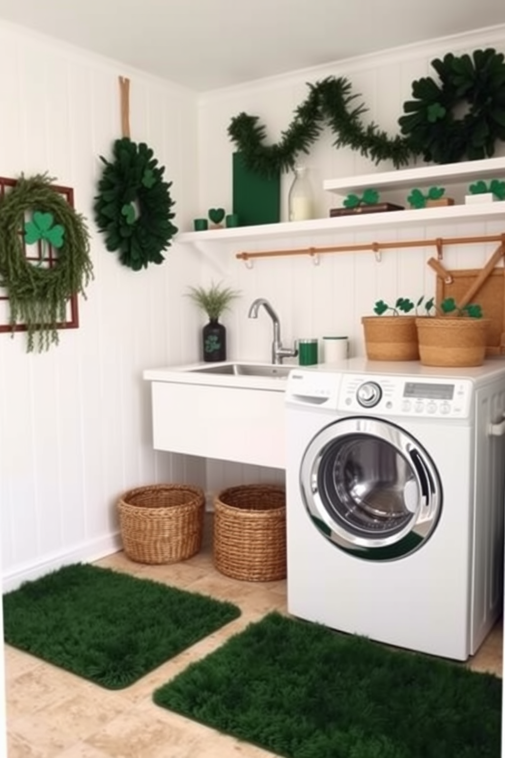 A charming laundry room adorned with green and gold table decor accents. The table features a vibrant green tablecloth with gold trim, complemented by decorative gold vases filled with fresh green flowers. St. Patrick's Day decorations include cheerful shamrock garlands hanging from the walls. A festive centerpiece made of gold and green elements sits at the center of the table, creating a lively atmosphere.